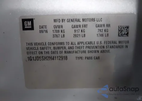 2017 Chevrolet Sonic Lt Auto from USA, damaged, VIN 1G1JD5SH2H4112918